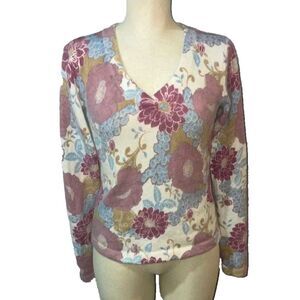 Hillard Hanson Women's Floral V-Neck Sweater size S Angora Wool Romantic